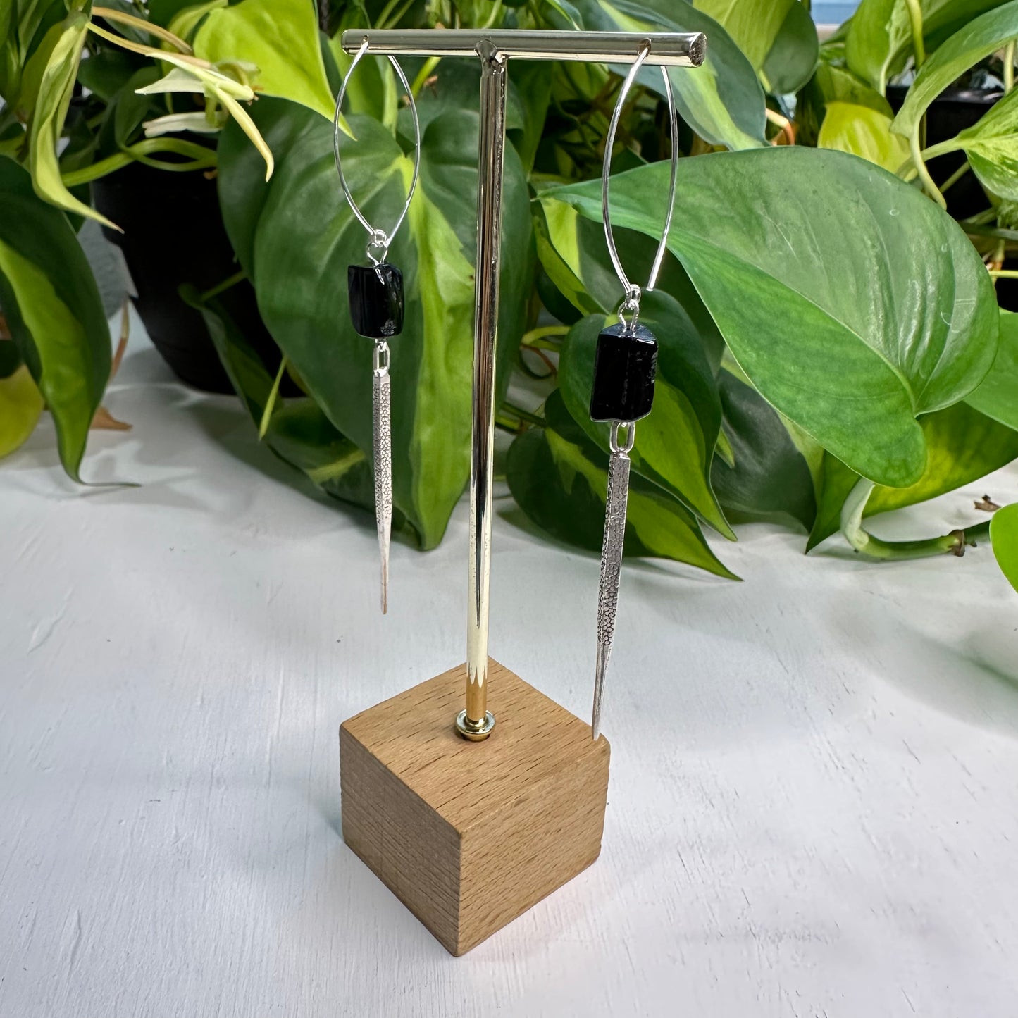 Sterling Silver Dagger Earrings - Black Tourmaline