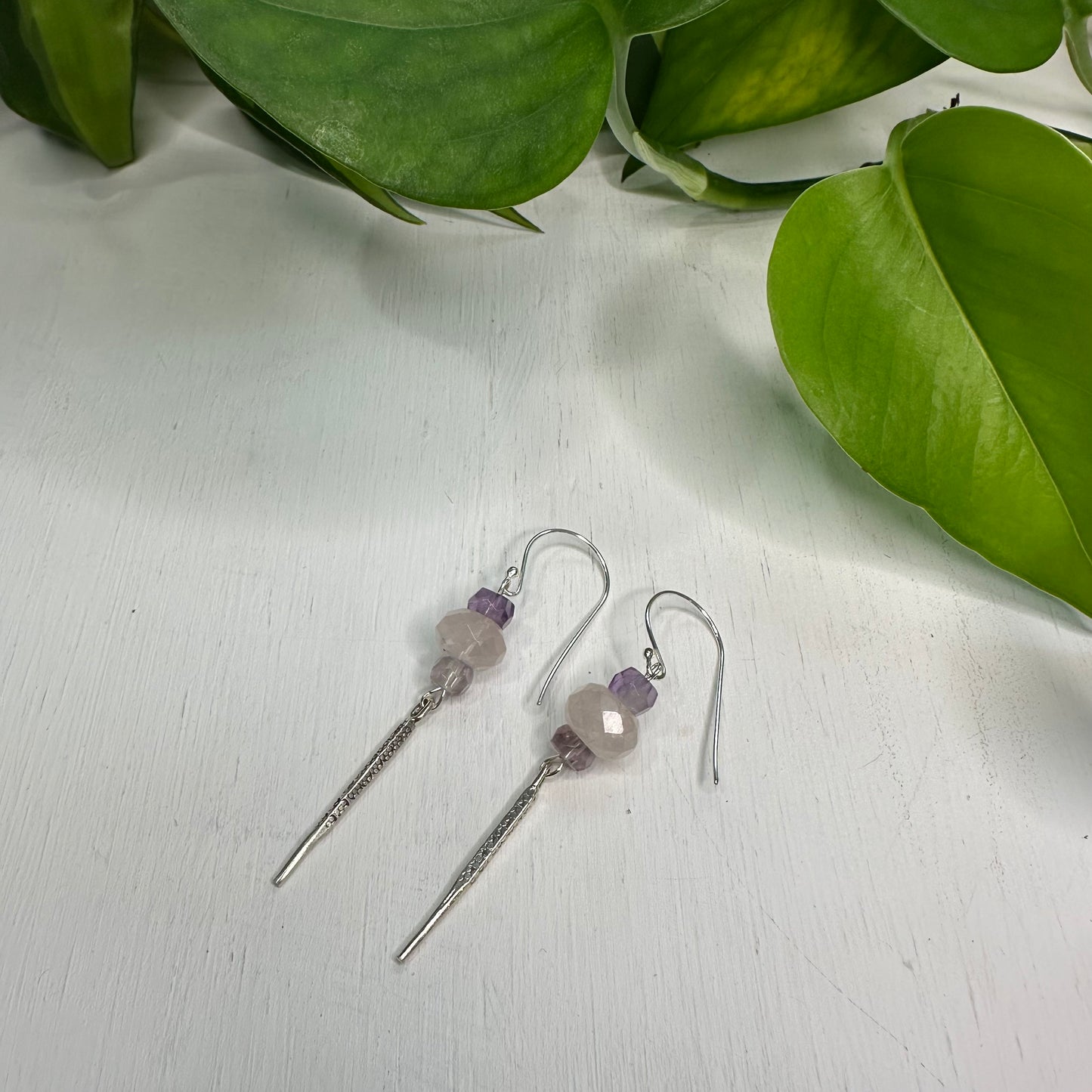 Sterling Silver Dagger Earrings - Rose Quartz and Amethyst