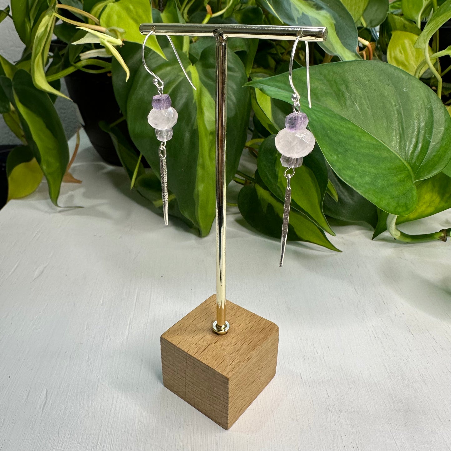 Sterling Silver Dagger Earrings - Rose Quartz and Amethyst